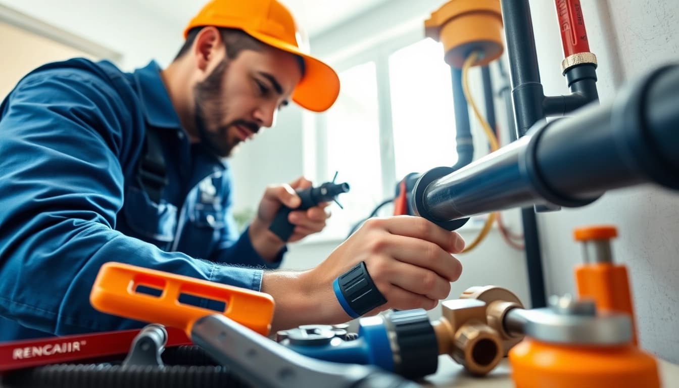 Plumber providing whole house repiping services St Petersburg FL with tools in a modern home setting.