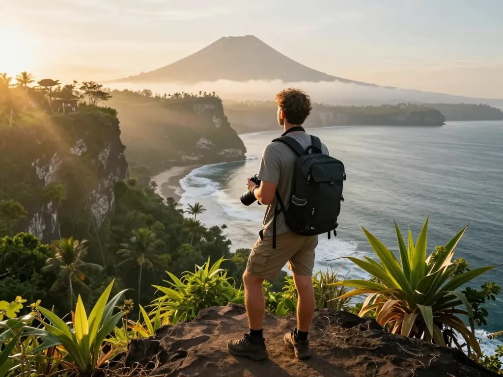 Adventure traveler capturing breathtaking views in Bali showcasing the best bali tour packages.