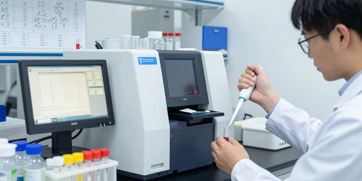 Research peptides being analyzed in a high-purity lab environment, showcasing advanced HPLC equipment and a focused scientist.