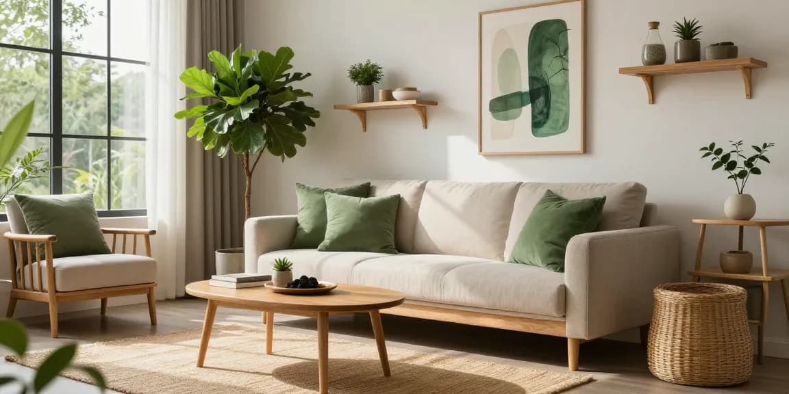 Inviting green design interior with cozy sofa, indoor plants, and natural decor elements.