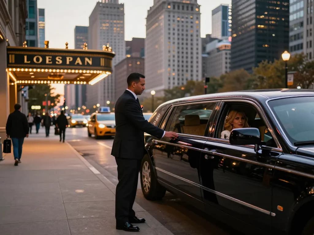 Experience luxury transportation in Chicago & Metro Area with a professional chauffeur in front of a Lincoln Continental.