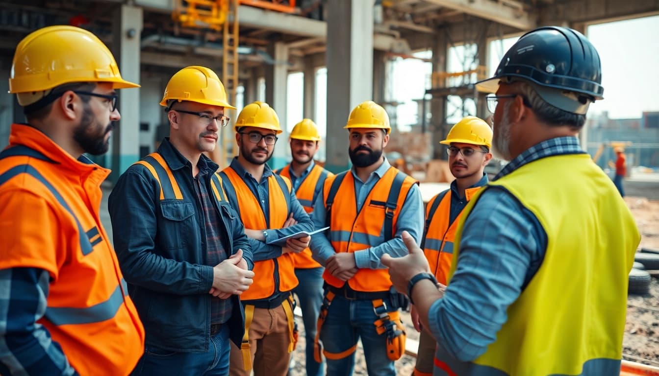 Construction safety training session with professionals focusing on on-site safety protocols.