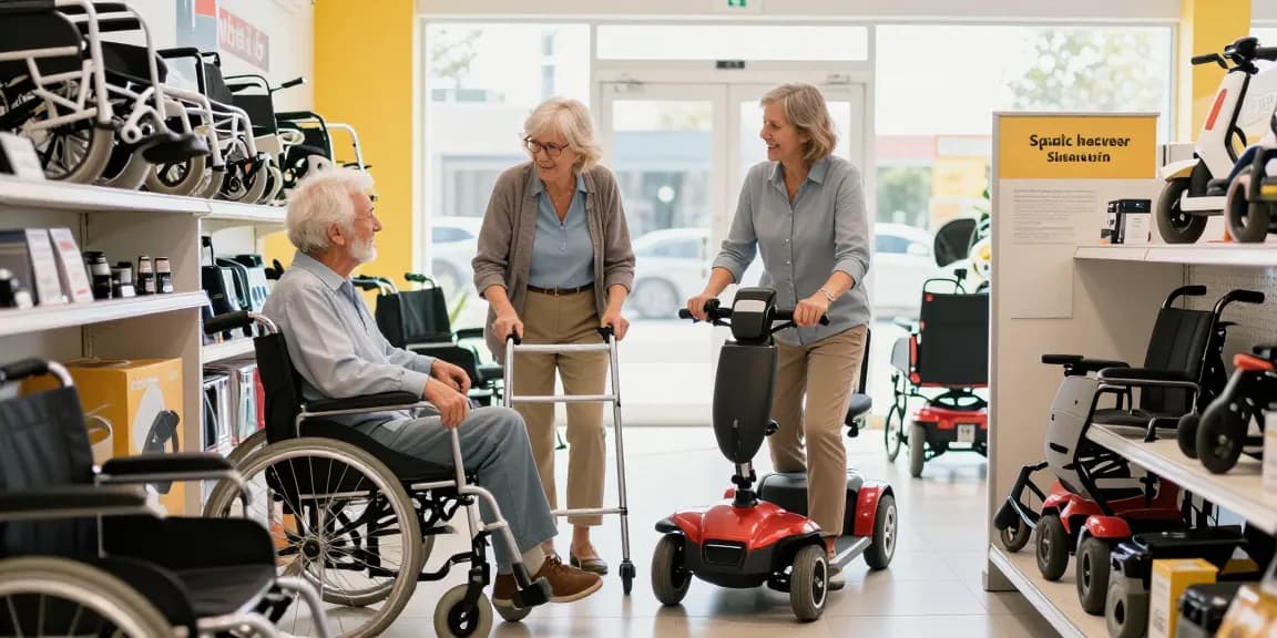 Buy mobility aids at store showcasing walkers and scooters for elderly.