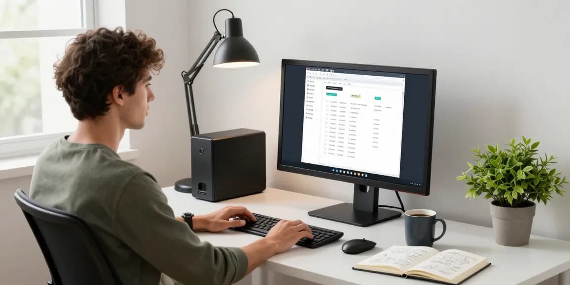 Refurbished PC setup in a modern home office with user at desk.