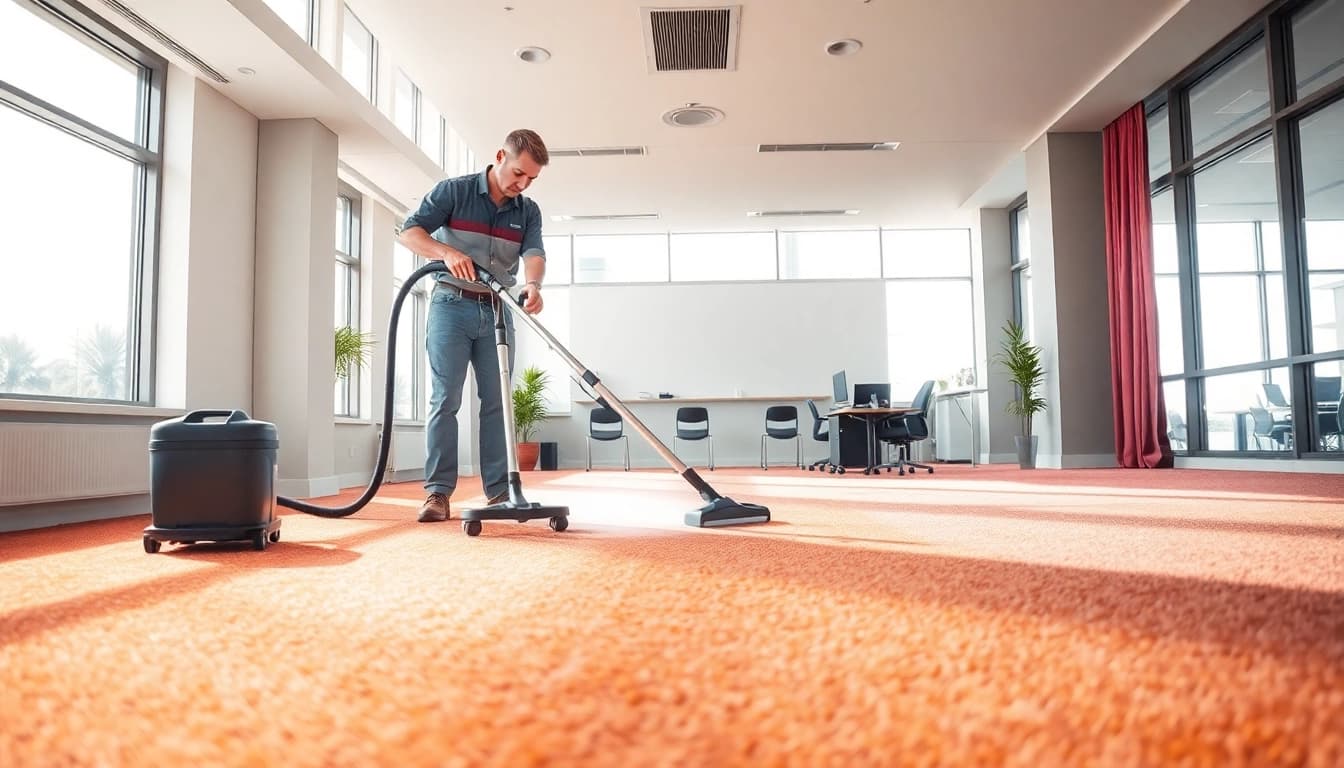 Commercial carpet cleaning technician effectively sanitizing office carpets with modern tools.