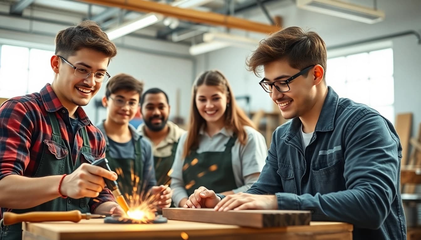 Showcasing apprenticeship programs with young adults engaged in skill-building activities.
