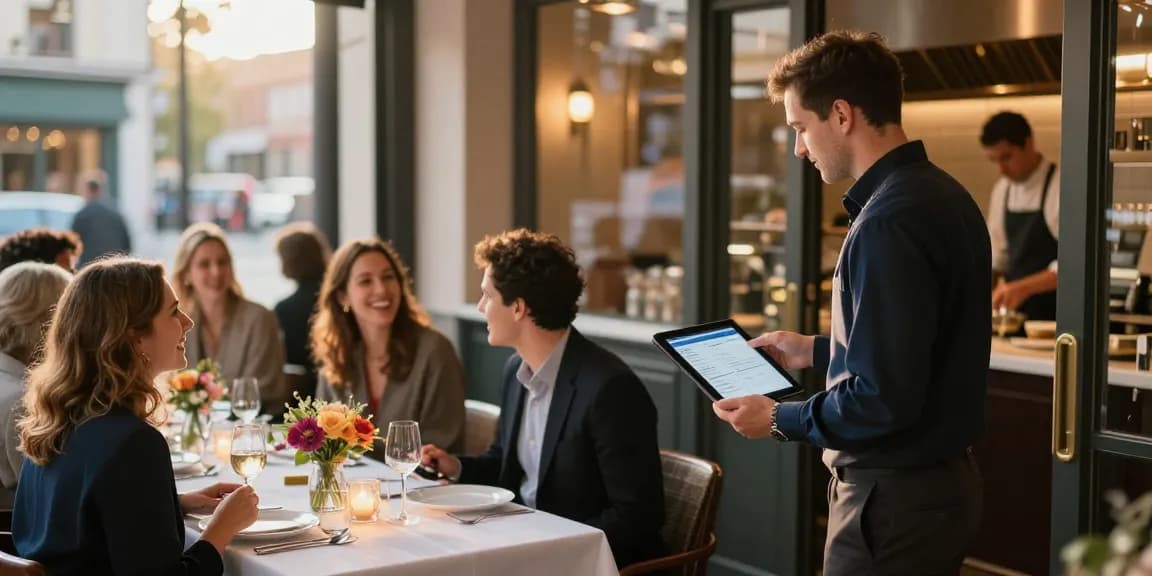 Host managing reservations in a bustling restaurant using a restaurant reservation system, creating an inviting dining atmosphere.