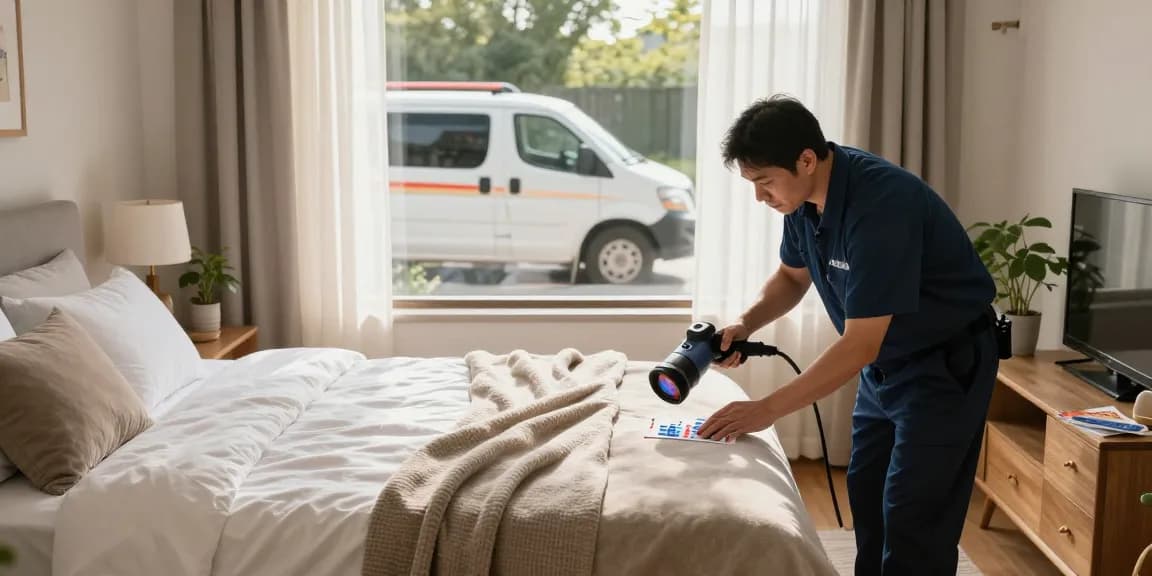 Expert bed bug heat treatment in a cozy bedroom with pest control professional using thermal imaging.