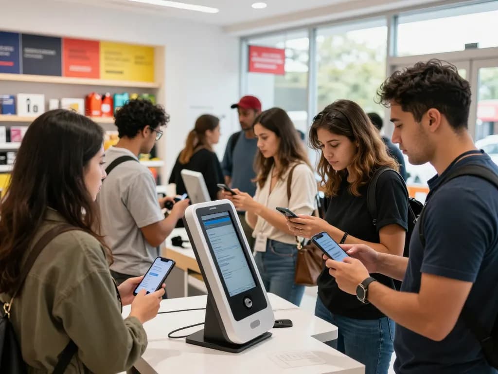Queue management system enhancing customer experience in a retail store with digital kiosks and SMS notifications.