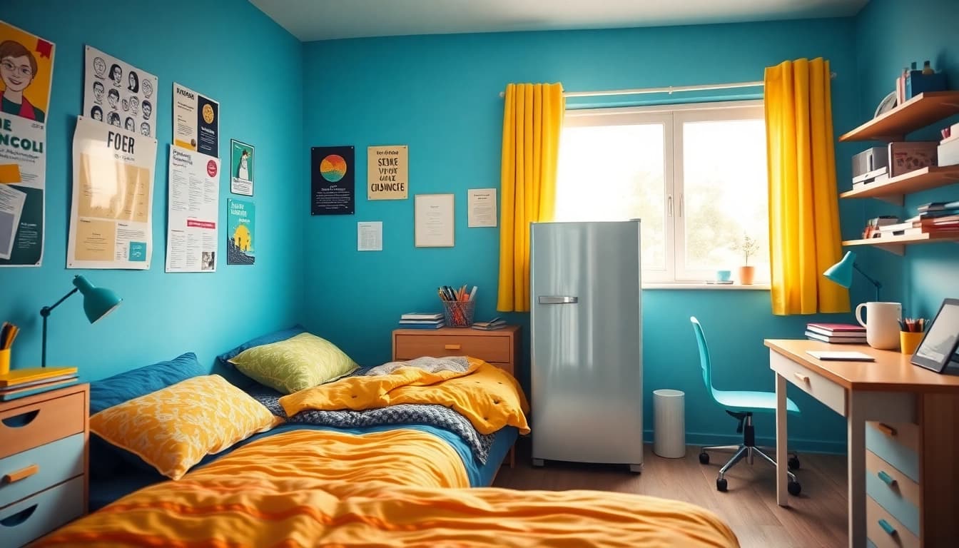 Stylish dorm room fridge enhancing a vibrant student space with organized decor.