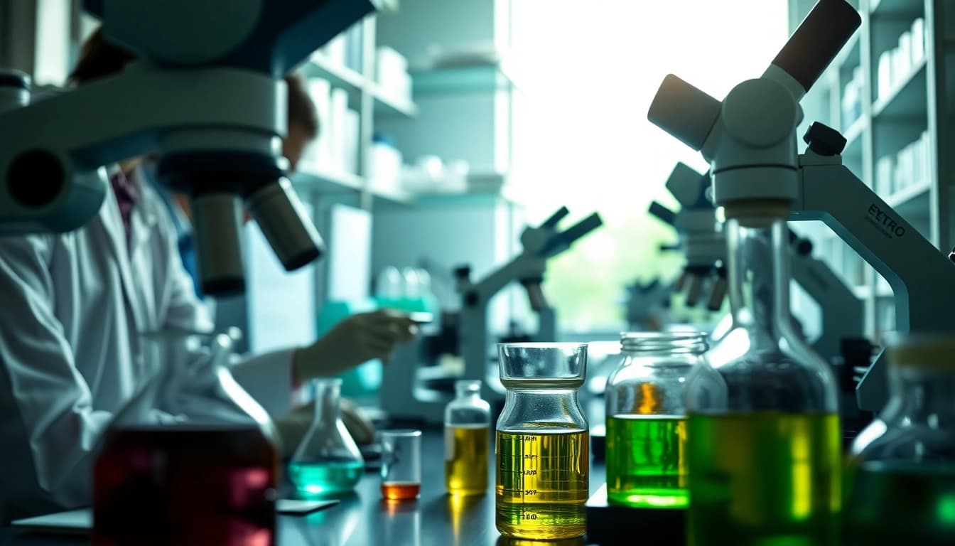 Hydro Research scientists conducting peptide analysis in a vibrant laboratory setting.