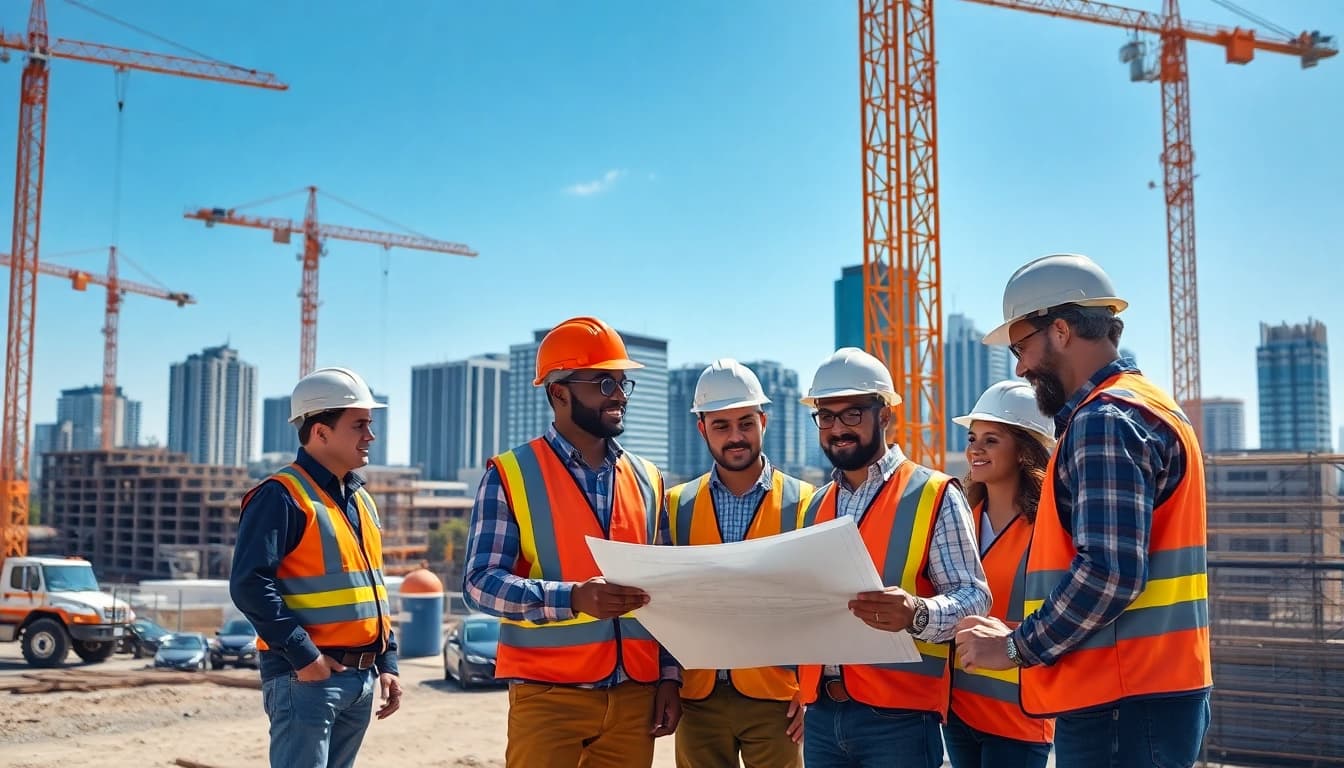 Dynamic professionals collaborating on Texas construction news at an active site.