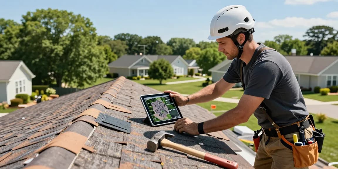 Roof Replacement NJ services featuring skilled roofer inspecting a residential roof with satellite technology and tools.