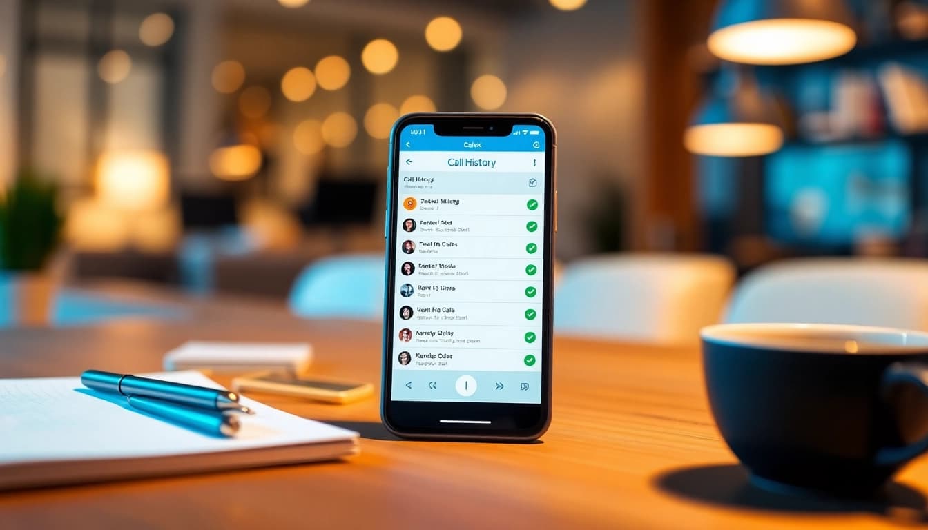 Showcase call history checker on a smartphone in a modern workspace setting