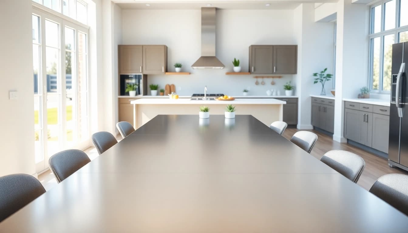 Showcasing a sleek steel table for kitchen in a modern setting with minimalist design elements.