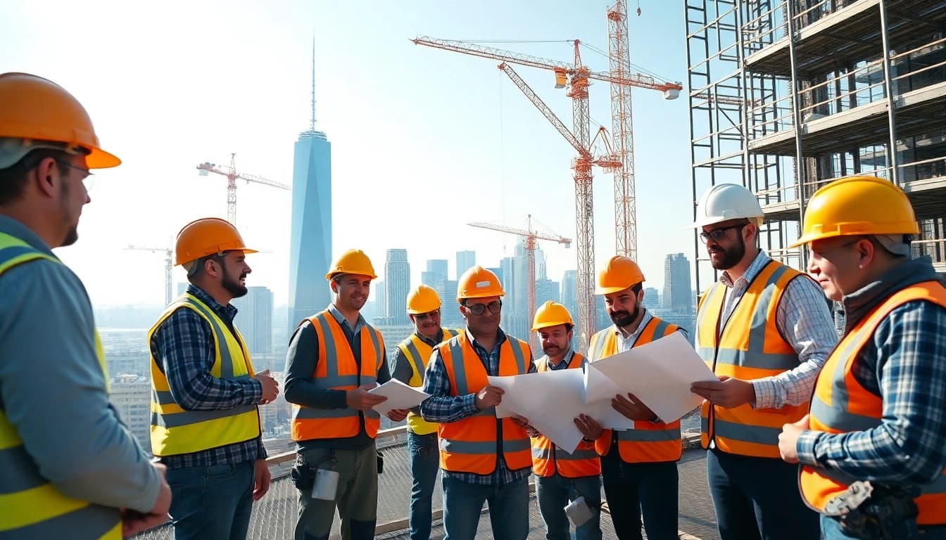 New York City General Contractor crew collaborating on a skyscraper construction site.