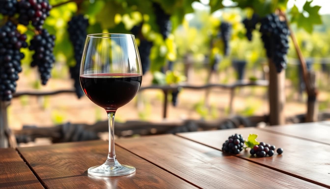 Savoring petite sirah in a vineyard setting with a glass reflecting deep crimson hues.