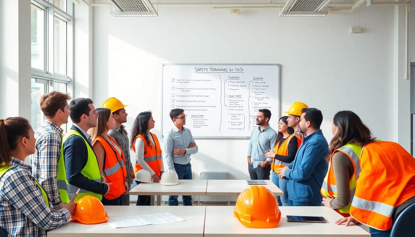 Engaging construction safety training with diverse participants discussing safety guidelines.