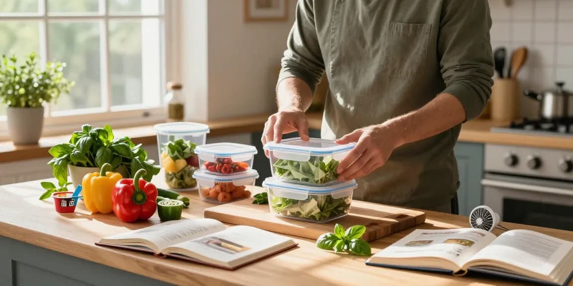 Brightly organized kitchen with airtight food storage containers, fresh vegetables on wooden countertop.