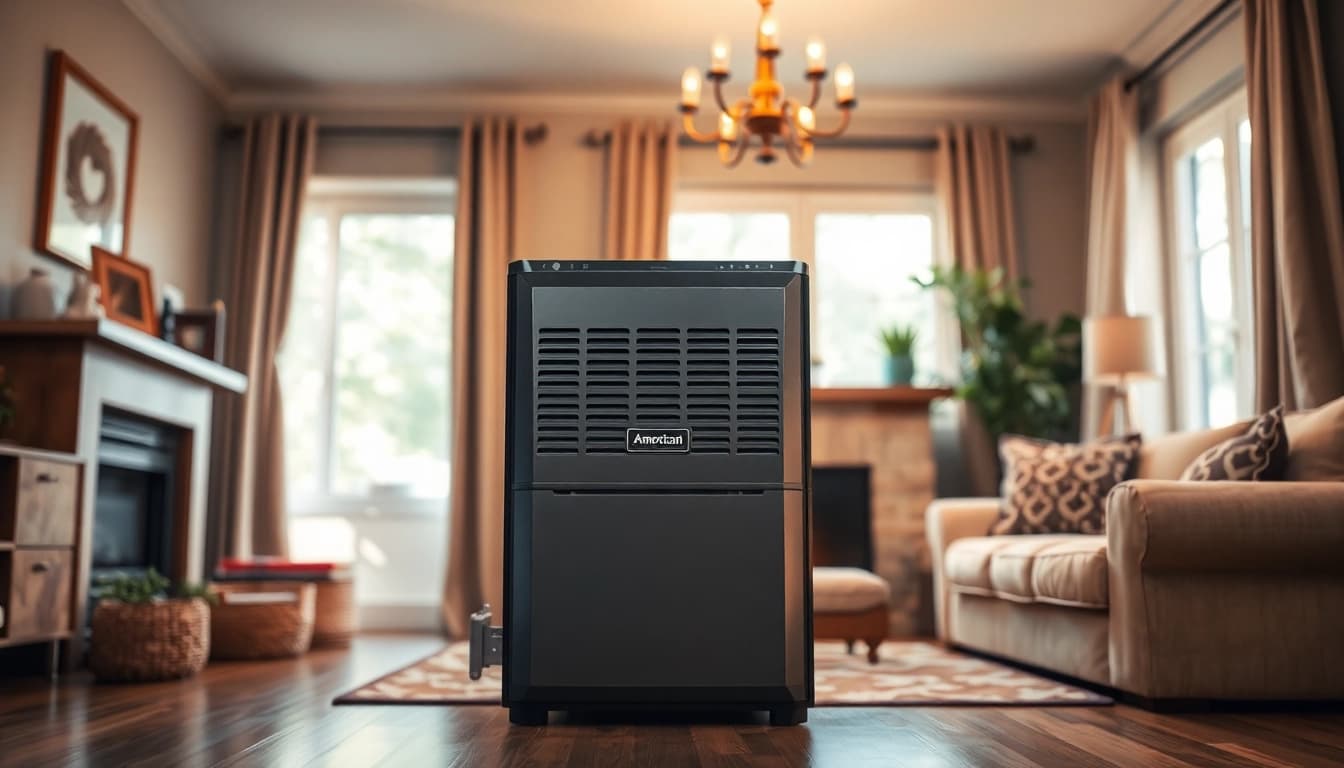 A stylish American Standard furnace in a cozy Canadian home, showcasing heating efficiency.