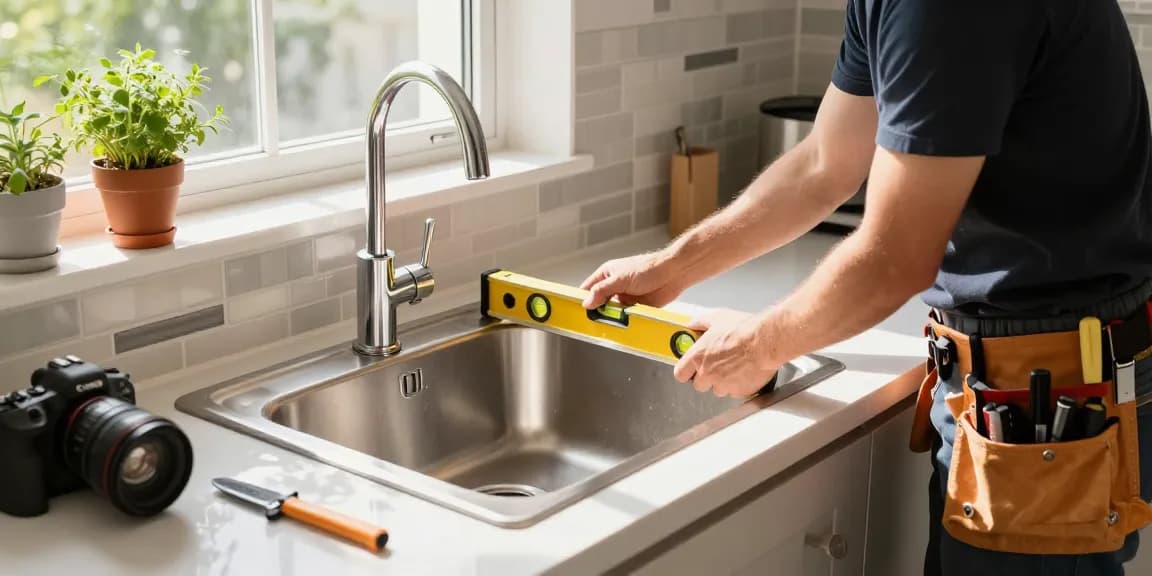 Stainless steel basin factory installation scene showcasing quality craftsmanship in a modern kitchen.
