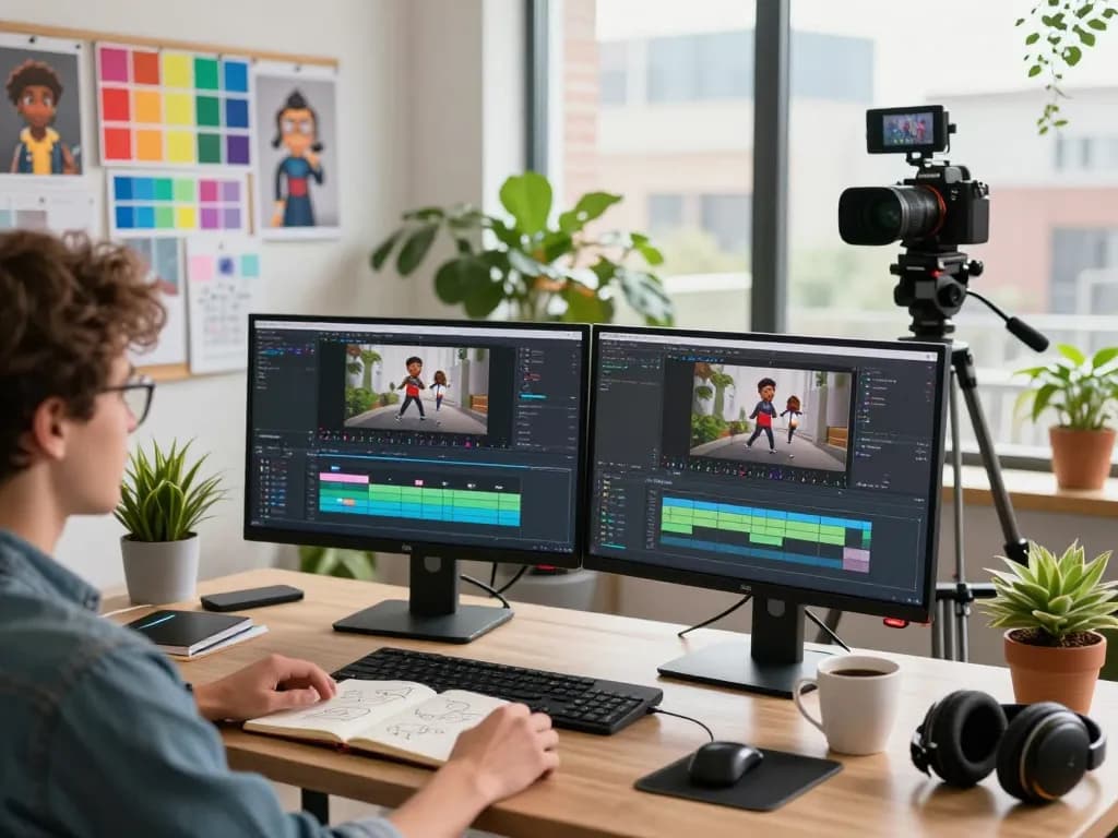 Video editing professional using mind control AI technology to create animated motion graphics in a vibrant workspace.