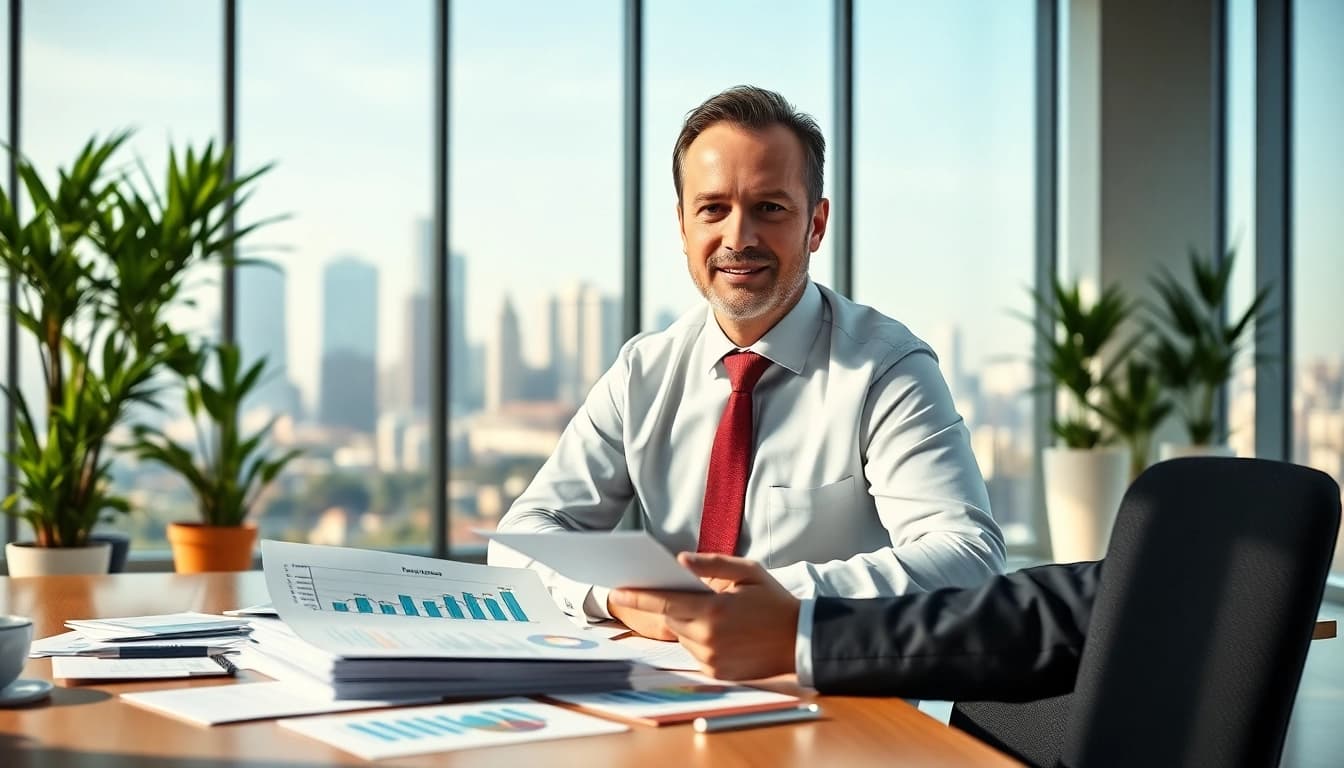 Financial advisor discussing fiduciary reston va strategies in a contemporary office.