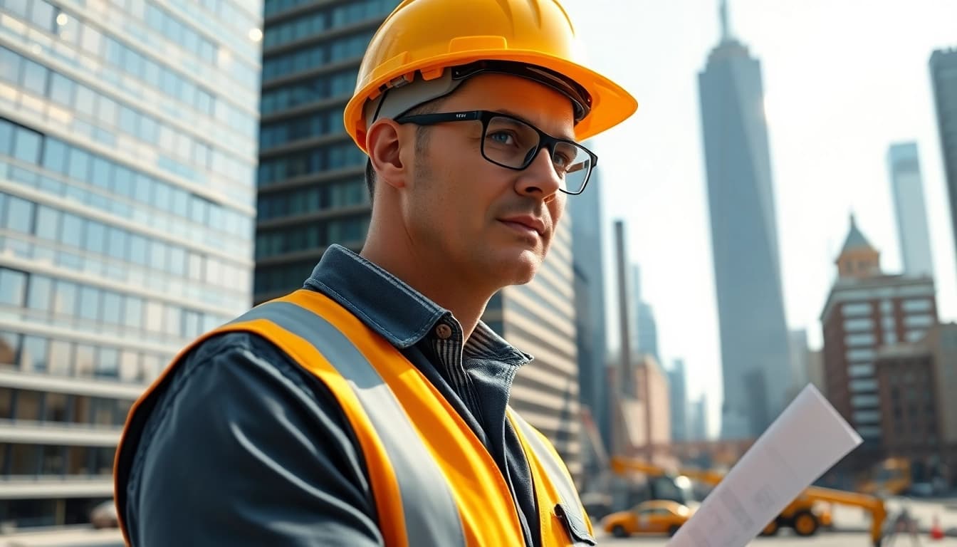 New York Construction Manager overseeing project with blueprints at city skyline.