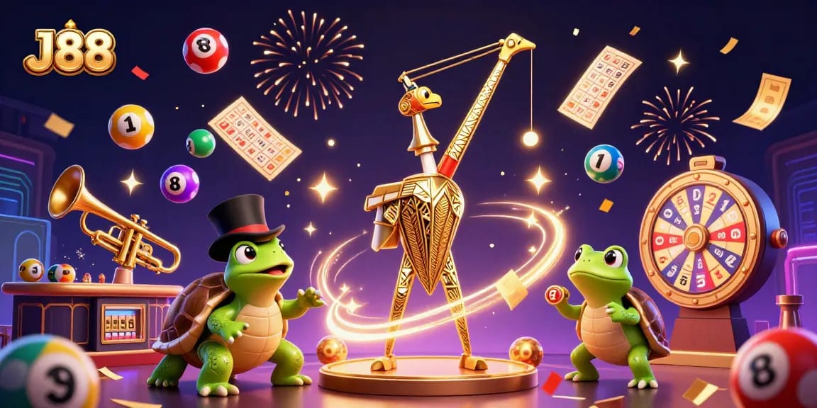 Experience the thrill of J88 with lively characters and dynamic lottery elements in a vibrant casino scene.