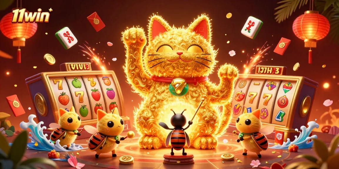 Engage with the exciting 11WIN casino adventure featuring a lucky cat and vibrant slot elements.