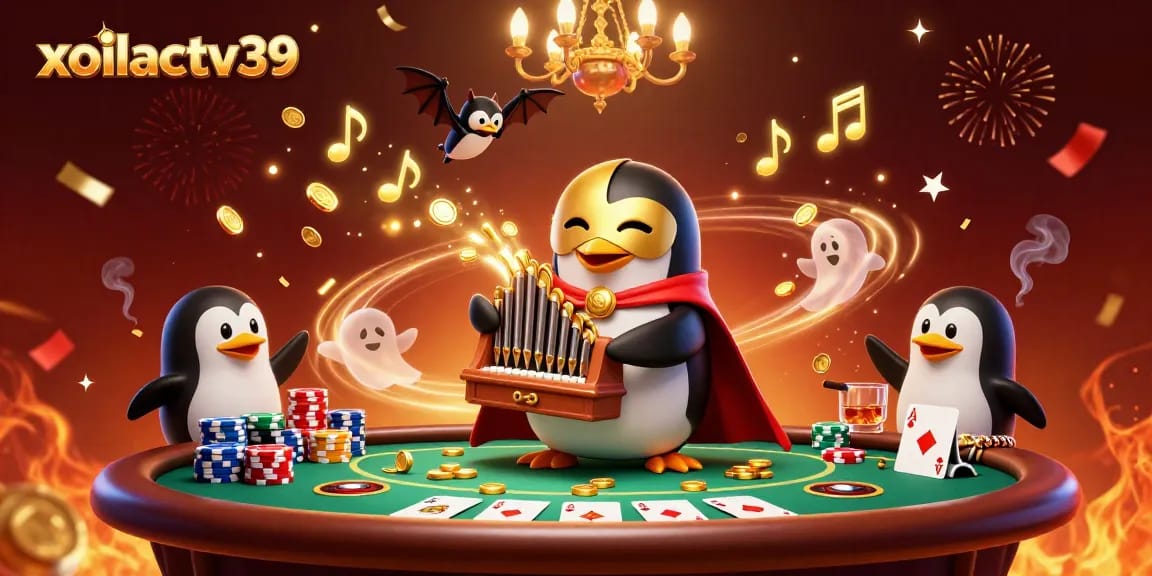 Engage with xoilactv39 where a penguin plays a coin-shooting organ amidst a vibrant casino scene.