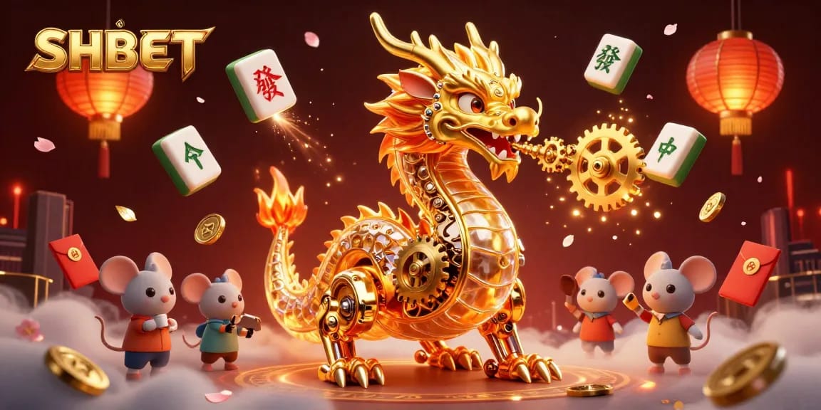 Engage with SHBET's fascinating 3D casino world featuring a dynamic golden dragon and immersive game elements.