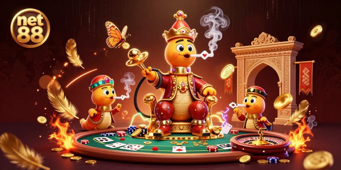 Engage with net 88 through this immersive illustration featuring a lively casino scene with poker elements.