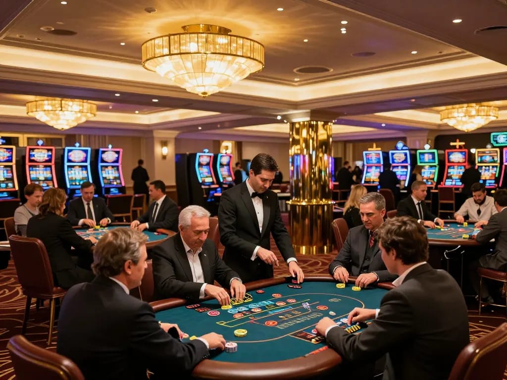 Players engaging in a thrilling poker game at a vibrant casino, showcasing 5699 strategic gameplay