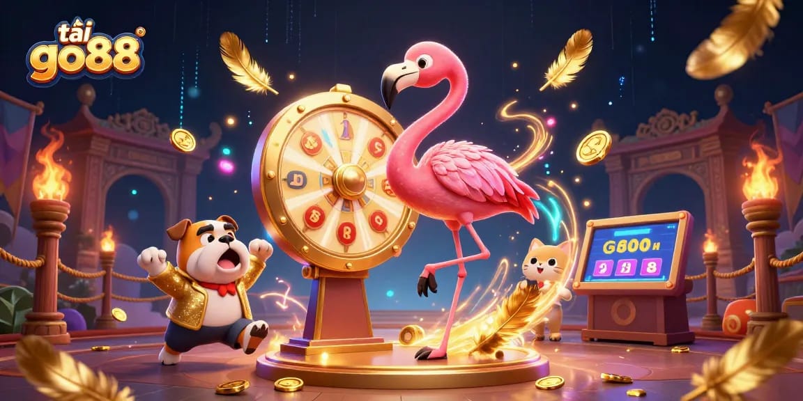 Spin the giant prize wheel to tải go88 as the excited flamingo host and bulldog contestant revel in their winnings.