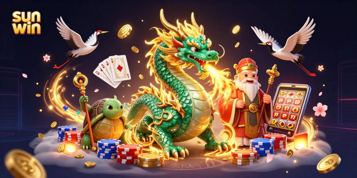 Win big with sun win, featuring a jade dragon, turtle sage, and lucky cranes in a vibrant casino scene.