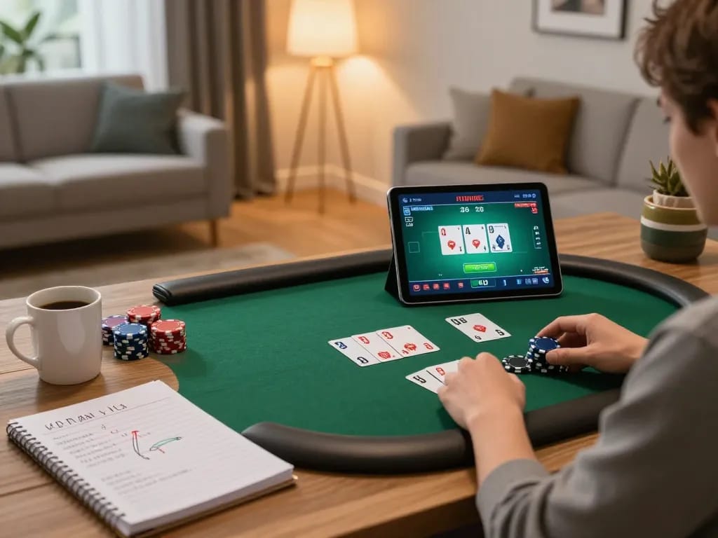 Play poker online on 78winbiz tablet with strategic notes and warm ambiance