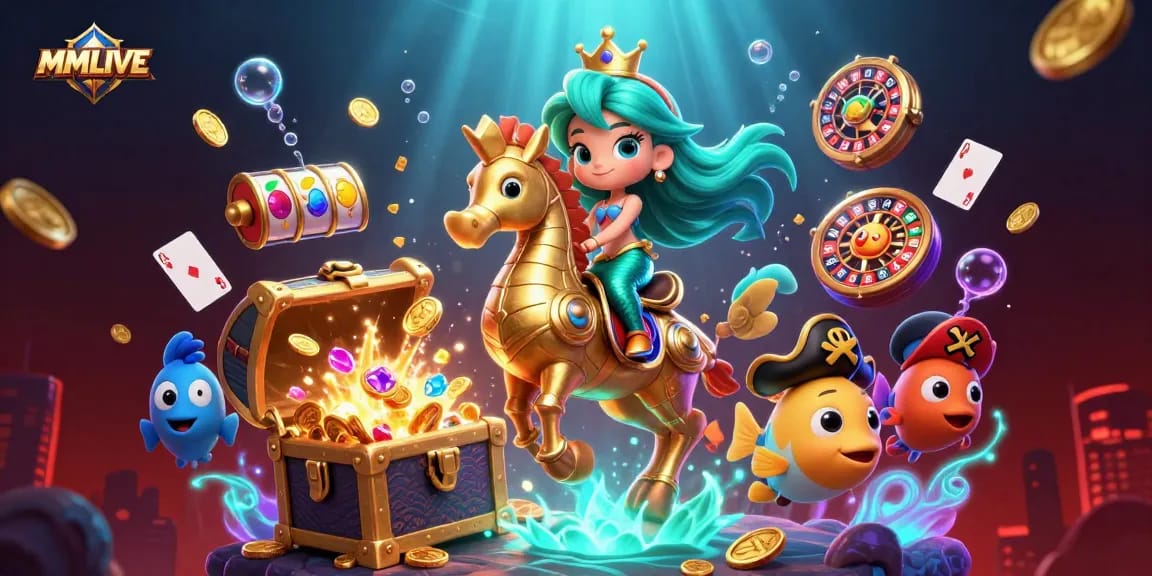 MMLIVE offers vibrant live streaming with colorful characters in an interactive underwater casino scene.