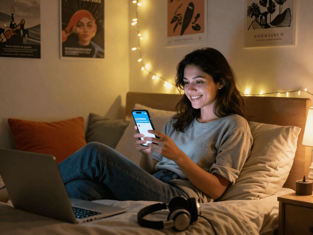 Engaging in porn chat ai on a smartphone in a cozy bedroom setting, showcasing modern digital interaction.