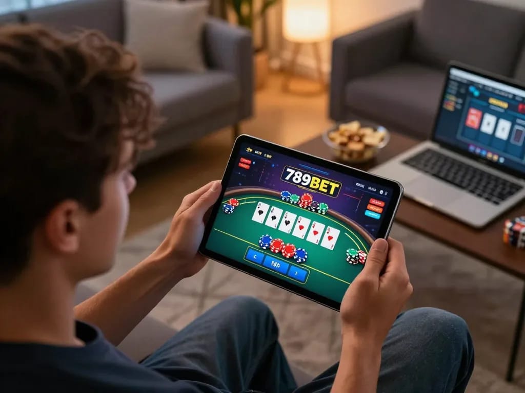 Engaging gameplay on 789BET tablet interface in a cozy home setting, illustrating responsible gambling.