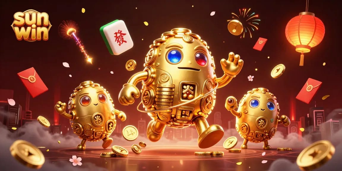 Experience the excitement of sun win with a golden golem surrounded by festive gambling elements.