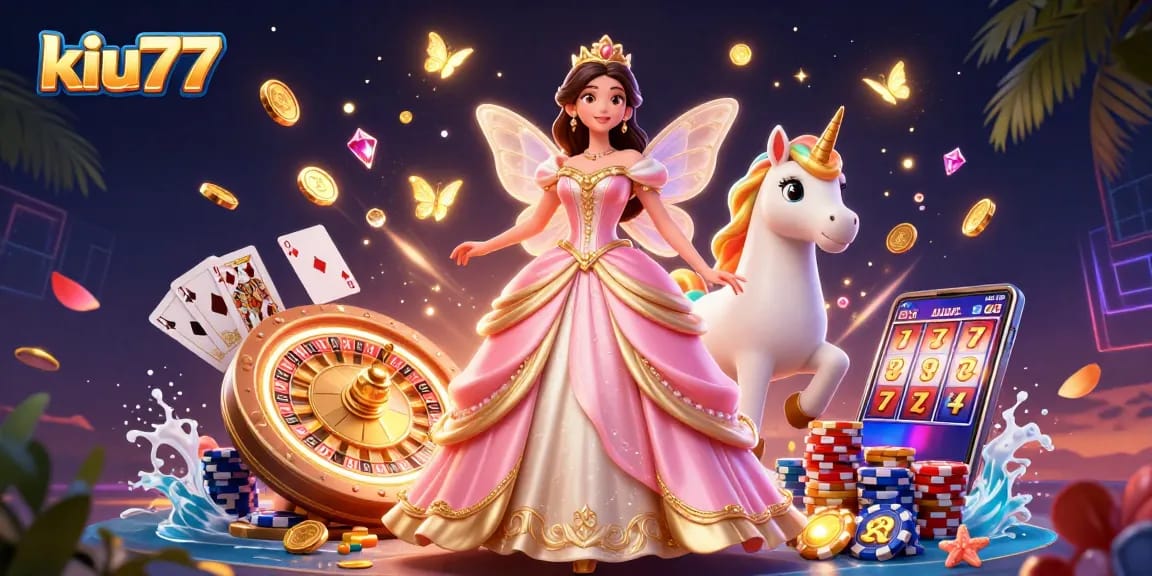 Kiu77 gameplay featuring a glamorous illustration of an Asian princess, a unicorn, and cascading golden coins.