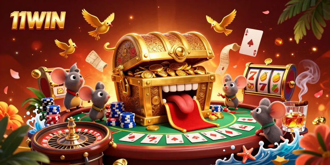 Engage with 11WIN's vibrant casino scene featuring a treasure chest, poker elements, and roulette excitement.