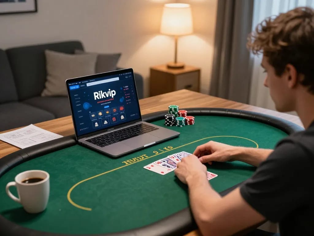 Engaged player enjoying poker on the rikvip online platform in a stylish home office.