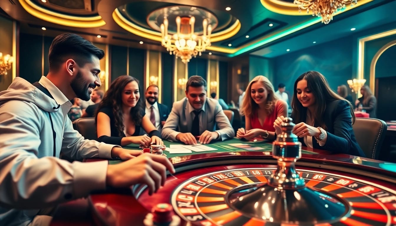 B52 CLUB players enjoying an exciting game at a luxurious casino table with poker chips and betting slips.
