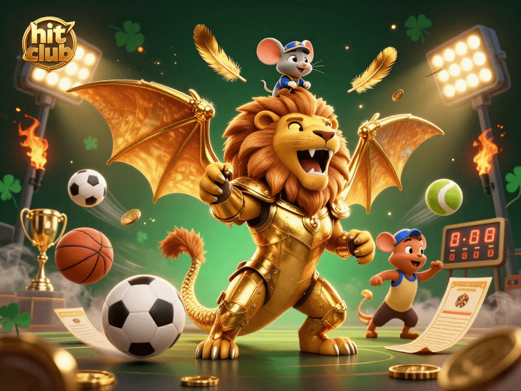 Engage at Hit Club with a vibrant 3D illustration showcasing a chimera triumphantly roaring with sports elements