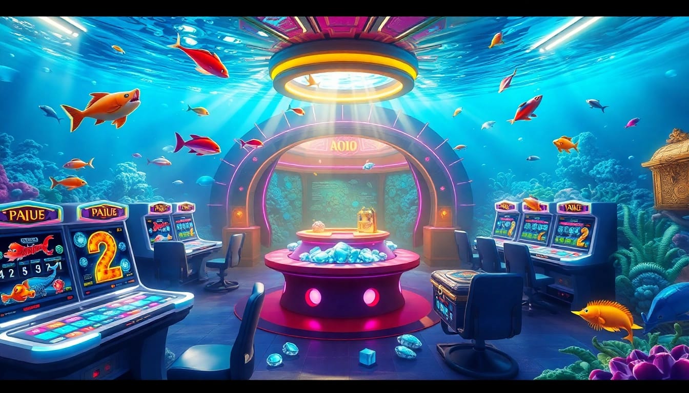 Experience the excitement of bắn cá đổi thưởng in a luxurious underwater casino setting with vibrant treasures.
