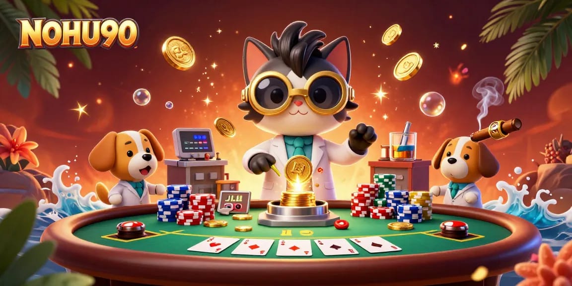 Experience the thrill of NOHU90's ultimate casino adventures featuring poker chips and playful characters.