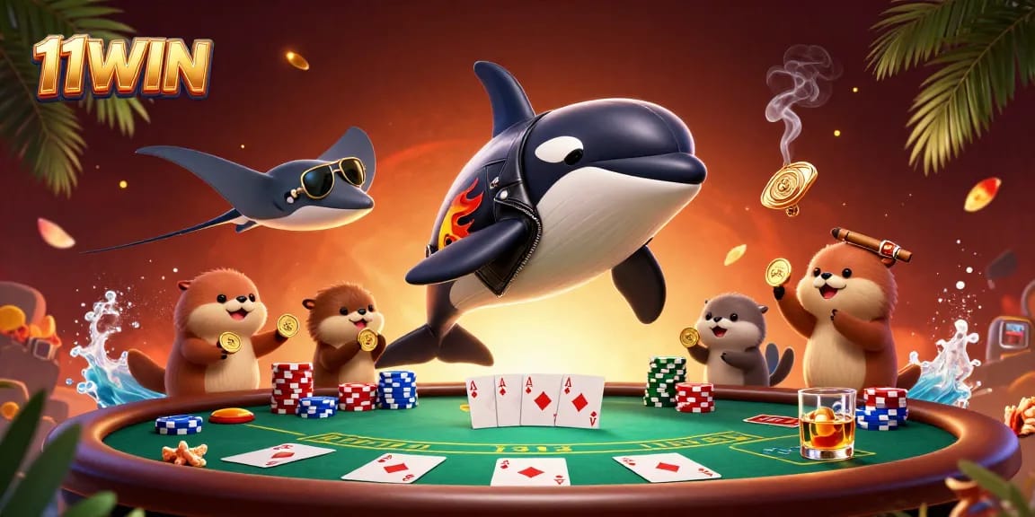 Experience thrilling poker moments at 11WIN with an orca, stingray, and otters.