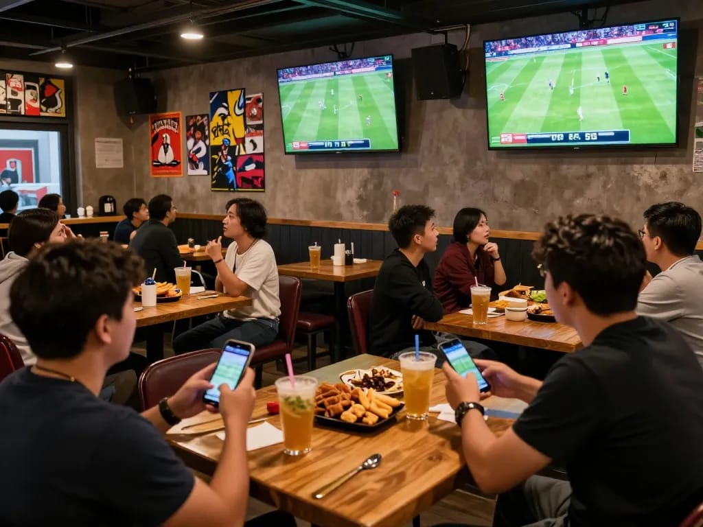 Enjoy exciting trực tiếp đá bóng in a vibrant sports bar setting, patrons cheering for their teams.